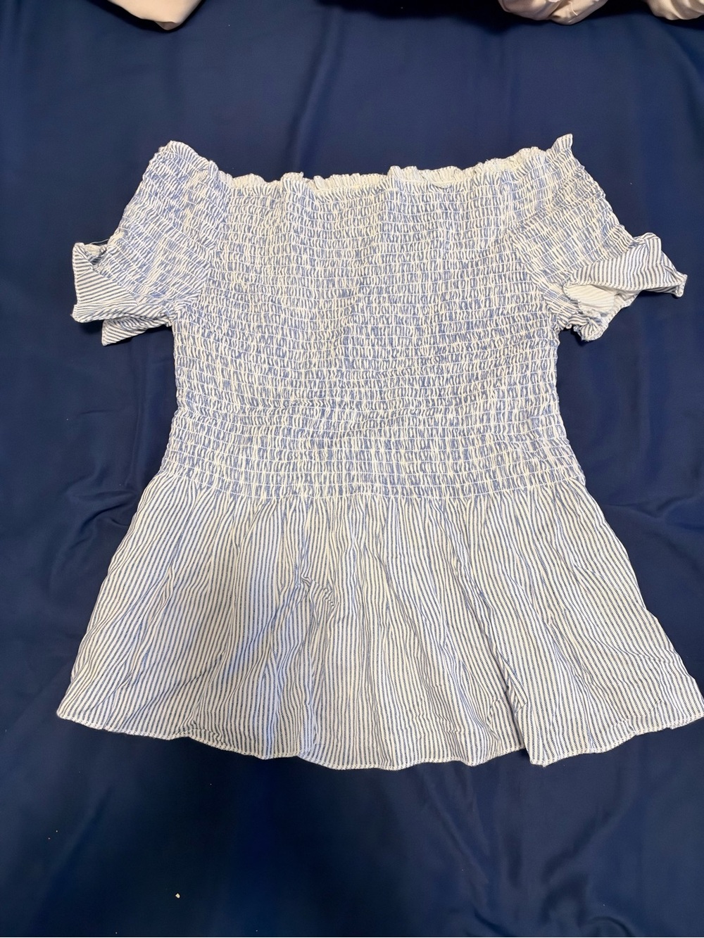 Japna Light Blue & White Striped Off-Shoulder Smocked Tunic